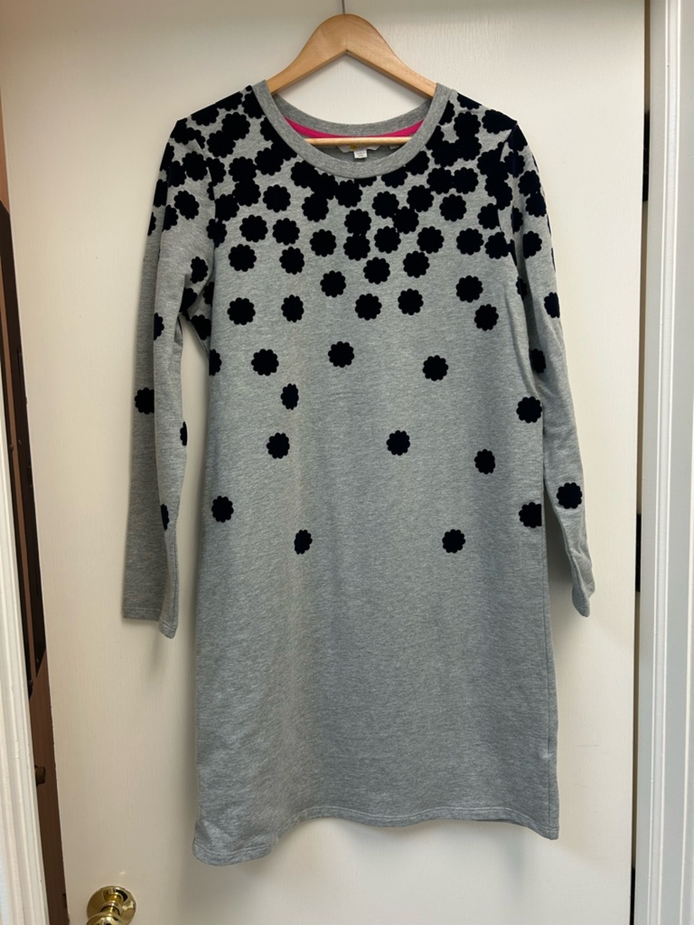 Heather Gray Cotton Sweatshirt Dress with Black Floral Dot